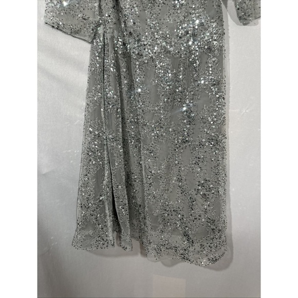 NWT $458 La Femme [ 10 ] 30002 Lace Beaded Short Midi A Line Dress Silver S2106 - Picture 10 of 13